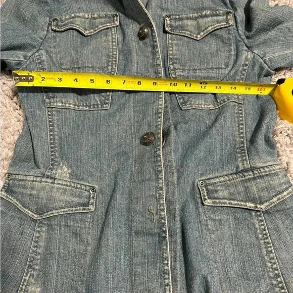ELIE TAHARI BLUE JEAN BUTTON FRONT DISTRESSED JACKET...woman’s Large - Picture 8 of 11